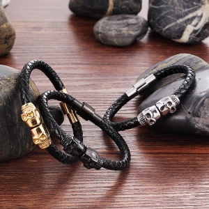 Stainless Steel Men's Leather Bracelet Skull Head Cowhide Woven Bangles Manufacturer Wholesale