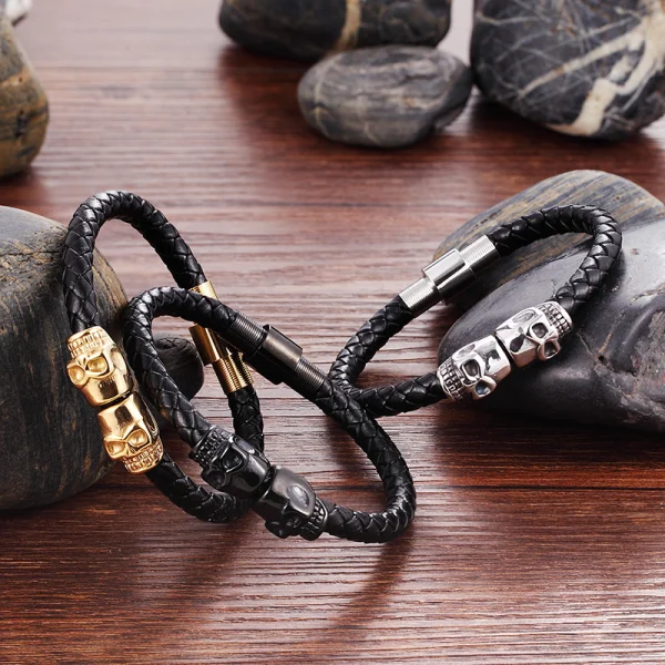 Stainless Steel Men's Leather Bracelet Skull Head Cowhide Woven Bangles Manufacturer Wholesale