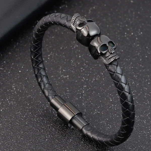 Stainless Steel Men's Leather Bracelet Skull Head Cowhide Woven Bangles Manufacturer Wholesale - Image 2
