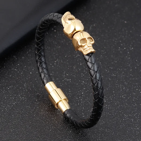 Stainless Steel Men's Leather Bracelet Skull Head Cowhide Woven Bangles Manufacturer Wholesale - Image 3