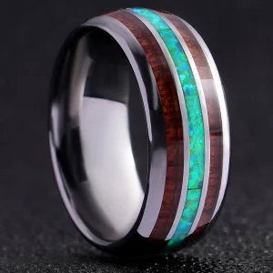 8mm Men Turquoise Inlaying Tungsten Ring Abesty Factory Opal Inlay Koa Wood Tungsten Carbide Rings