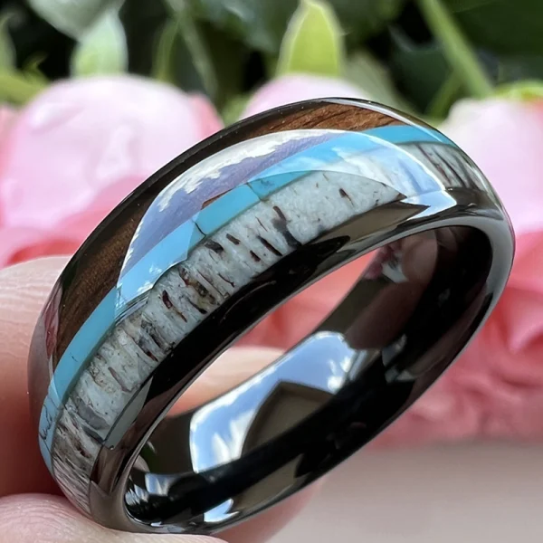 8mm Men Turquoise Inlaying Tungsten Ring Abesty Factory Opal Inlay Koa Wood Tungsten Carbide Rings - Image 4