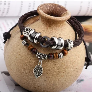 Abesty Factory wholesales Men Trendy Brown Black Leather Bracelet Stainless Steel Buckle Bangles