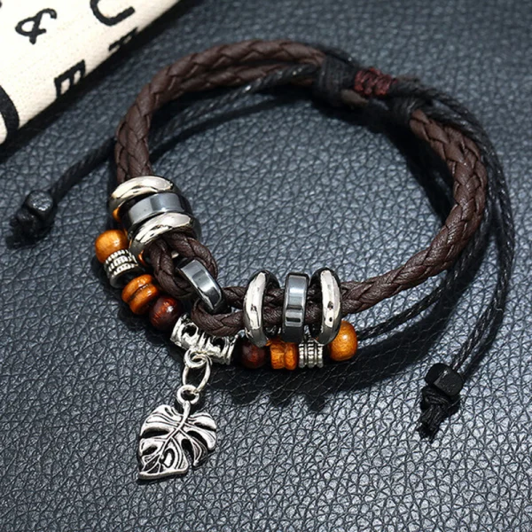 Abesty Factory wholesales Men Trendy Brown Black Leather Bracelet Stainless Steel Buckle Bangles - Image 2