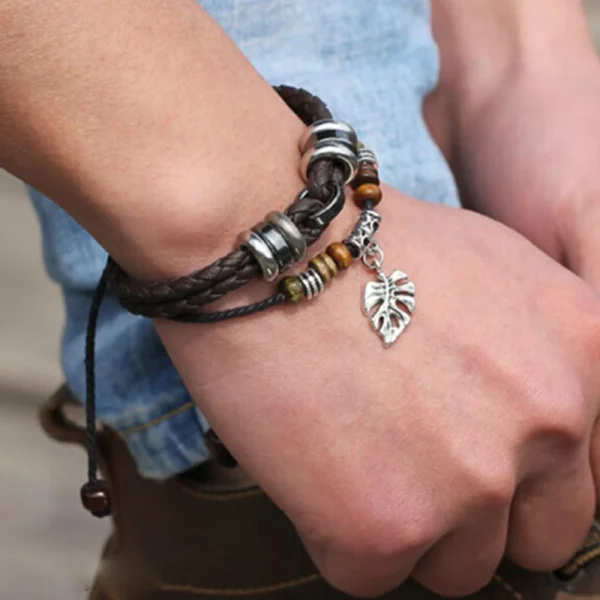 Abesty Factory wholesales Men Trendy Brown Black Leather Bracelet Stainless Steel Buckle Bangles - Image 3