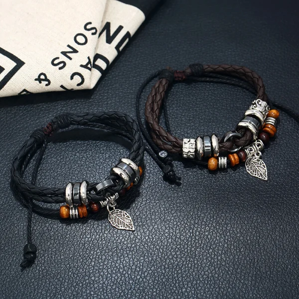Abesty Factory wholesales Men Trendy Brown Black Leather Bracelet Stainless Steel Buckle Bangles - Image 4