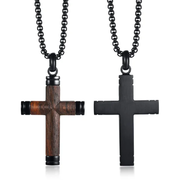 Men Stainless Steel Necklace Abesty jJewelry Factory Fashion Wooden Inlaying Crossing Pendant - Image 2