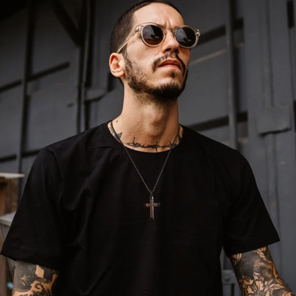 Men Stainless Steel Necklace Abesty jJewelry Factory Fashion Wooden Inlaying Crossing Pendant - Image 3