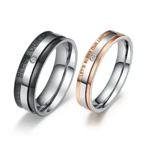 Stainless Steel Wedding Rings Women Black and Rose Gold Couple Zircon Rings