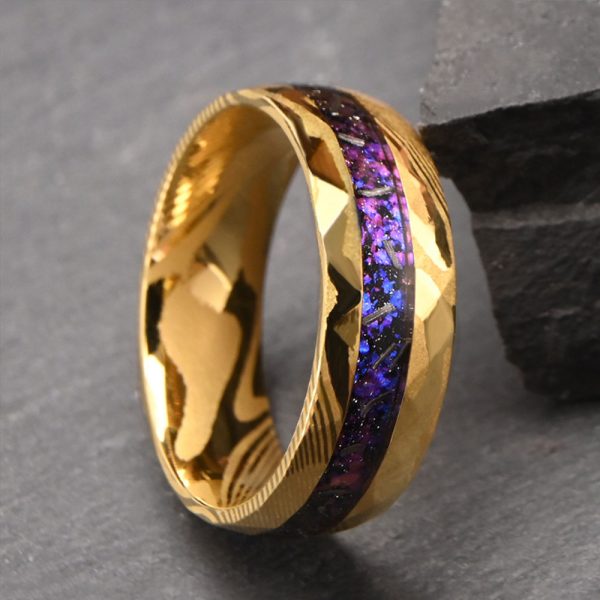 8mm Hammered Gold Plated Opal Inlaid Wedding Band Damascus Steel Men Ring - Image 3