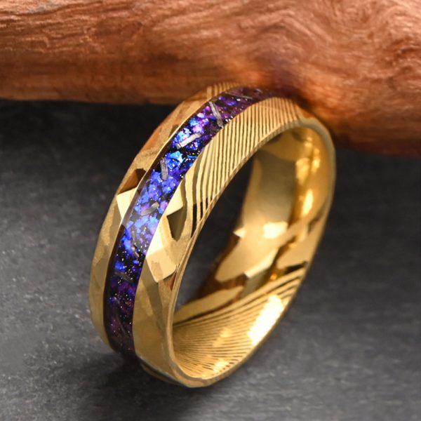 8mm Hammered Gold Plated Opal Inlaid Wedding Band Damascus Steel Men Ring - Image 4
