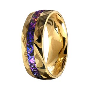 8mm Hammered Gold Plated Opal Inlaid Wedding Band Damascus Steel Men Ring