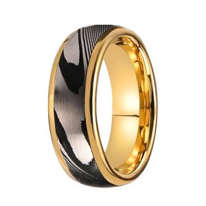 Men’s Custom Damascus Steel Ring 18K Gold Plated Wedding Band Comfort Fit Jewelry